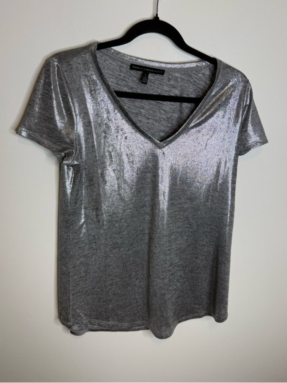 White House Black Market Metallic Silver V-Neck Tee size small